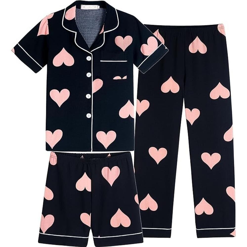 Girls Pajama Sets - 3pcs Short Sleeve Long Pants With Shorts SZ 10